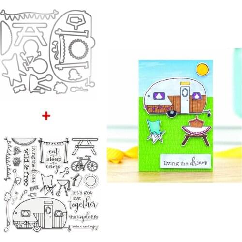 Camping Car Bicycle Barbecue Utensils Lace Banner Simple Life Phrase Sentences Stamps With Coordinating Dies DIY Scrapbooking