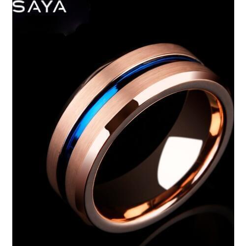Ring for Men, Tungsten Jewelry Ring, Carbide Band with Blue Groove and Brushed Finishing, Free Shipping, Customized