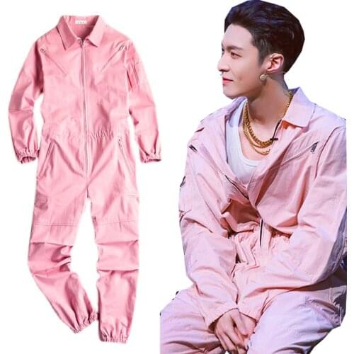 2021 pink fashion bib mens Japanese and Korean denim jumpsuit pink hip-hop street jeans overalls jumpsuit