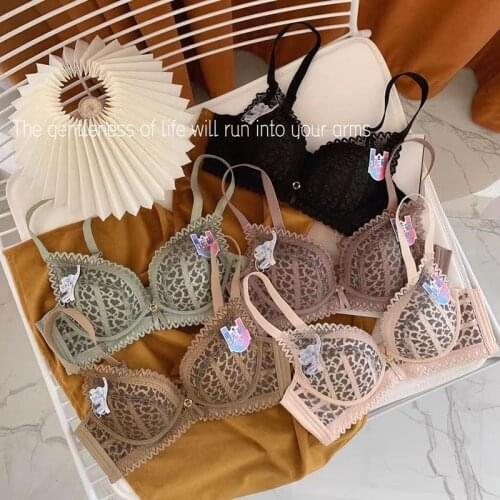 Wire Free Cotton Thicken Bras Underwear Women Set Sexy Lace Lingerie Set Lace Leopard Push Up Small Breasts Bra and Panty Sets