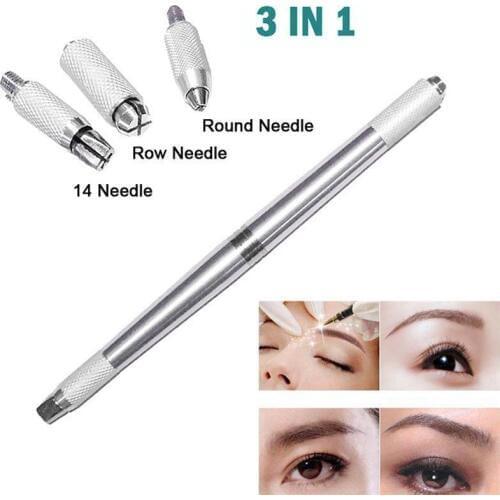 3 In 1 3D Eyebrow Tattoo Pen Machine Professional Tebori Microblading Pen Eyebrow Permanent Makeup Machine Silver Manual