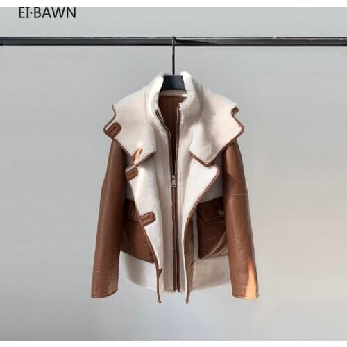 2021 Winter New Fur Coat Female Leather Lambs Wool Motorcycle Hooded Mid-length Fur Coat Fur Coat From Artificial Jacket Winter