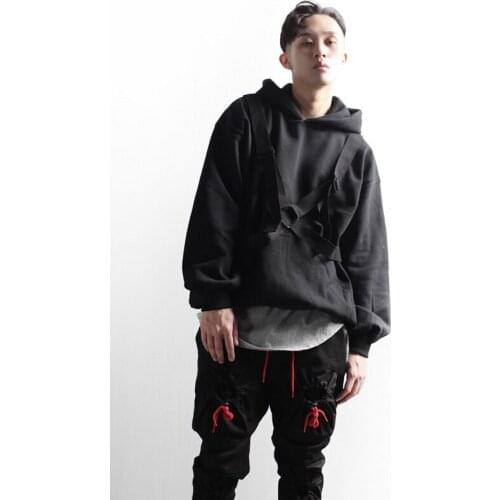 Youth trend mens fashion ribbon decoration hooded off shoulder sleeve loose top