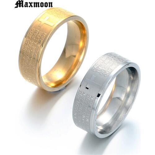 Maxmoon Fashion 316L Stainless Steel rings for men and women Bible Lords Prayer Cross Rings Punk Fashion Men Gift Jewelry Rings