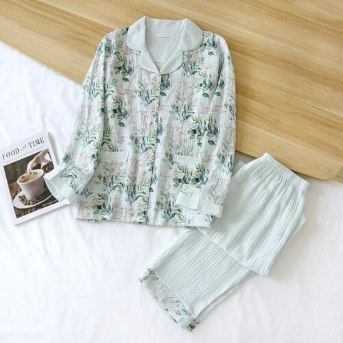 Autumn Crepe Gauze Womens Pajamas Long Sleeve Trouser Suits 100% Cotton Print Home Clothes Lapel Loose Sleepwear 2 Piece Set