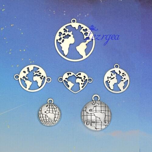 Globe Chams,Antique silver plated World Map Earth connector charms,DIY earring necklace keychain supplies,Jewelry accessories