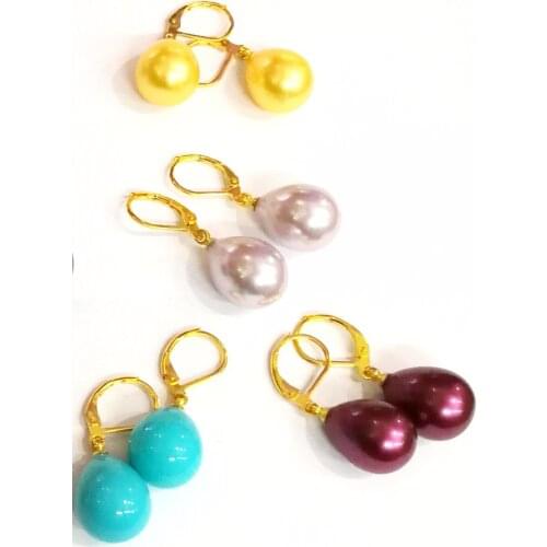 4 pairs / lot 12x16mm Earring red white gray blue purple colors waterdrop natural South Sea shell pearl dangle gold color hook