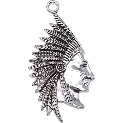 WYSIWYG 2pcs 55x28mm Indian Chief Charm Antique Silver Color Primal Tribal Chieftain Pendants