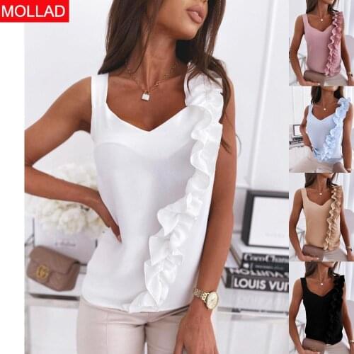 2021 AliExpress Hot Summer Simplicity Sleeveless V-neck Backless Ruffle Top Shirt