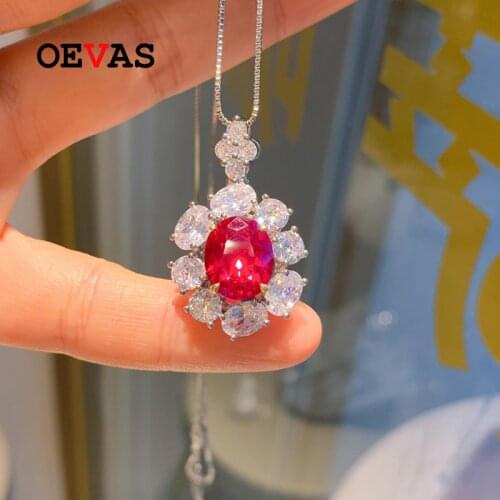 OEVAS 100% 925 Sterling Silver Ruby High Carbon Diamond Flower Pendant Necklace For Women Sparkling Wedding Party Fine Jewelry