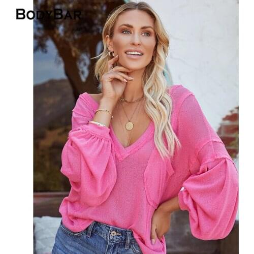 Pink Red V-neck T-shirt Lady Transparent Long-sleeved Knitted Top Loose Long-sleeved Harajuku Style T Shirt For Women Pocket Tee