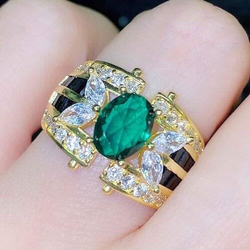 Vintage Luxury Green Crystal Emerald Sapphire Gemstones Diamonds Rings for Women 18k Gold Color Artdeco Trendy Fine Jewelry New