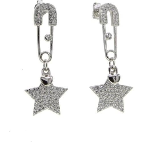 Safety Pin with Star and heart danle Earrings for Women Gothic Fashion White Crystal CZ Earrings Female Korean Jewelry Ear Cuff