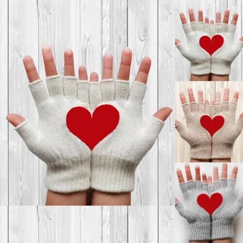 Women Woolen Cartoon Heart Printing Mittens Outdoor Coldproof Half-finger Gloves