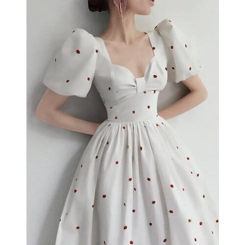 Leiouna Strawberries Printed Bow Puff Sleeve A-line New Retro Clothes Female Women Clothing Korean Fashion Dress