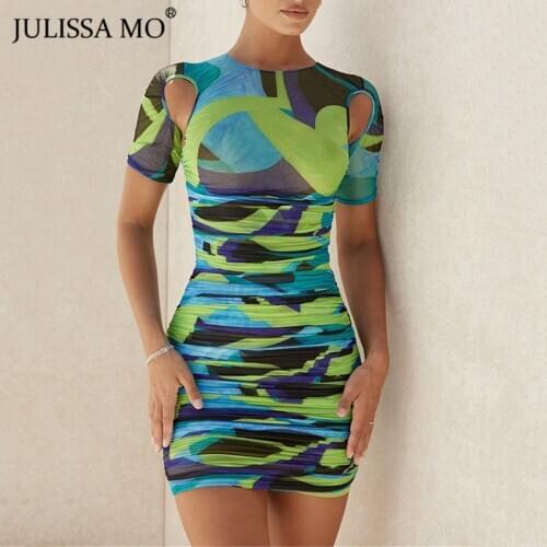 Julissa Mo Tie Dye Print Ruched Bodycon Dress Women Sexy Hollow Out Mesh Mini Dress Summer Elastic Slim Party Short Vestidos New