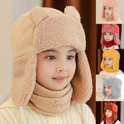 Winter Hats Mask Childrens Cute Lei Feng Cap Windproof Warm Ear Face Protection Keep Warm And Velvet Cap Print Hat+Scarf Sets