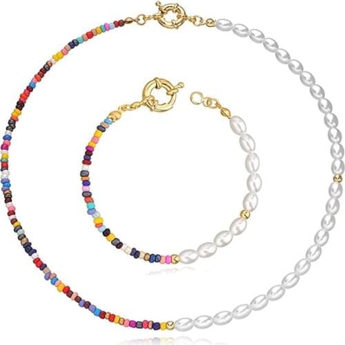 Boho Chic Summer Beach Pearl & Beaded Choker Necklaces for Women Rainbow Seed Bead Jewelry Bohemian Gifts Outfit 45CM KL30F-49FF