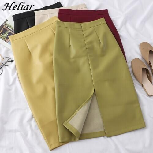 HELIAR Skirts Women PU Leather High Waist Solid Straight Elegant Split Skirt Highstreet Midi PU Skirts Women 2020 Autumn Winter