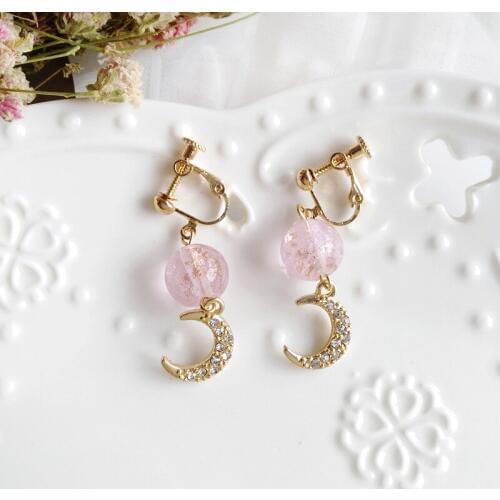 Korea Pink Blue Bead Star Moon Clip on Earrings Bing Rhinestone No Pierced for Women Wedding Earrings Need't Ear Hole Earrings