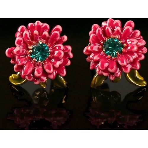 Korean Temperament Small and Simple Fantasy Plant Earrings Enamel Glaze Daisy Pink Flowers Green Leaf Silver Needle Stud Earring