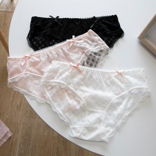 Sweet Women Lace Panties Transparent Underwear Sexy Briefs Bows Trim Cute Girls Intimates 3 Colors