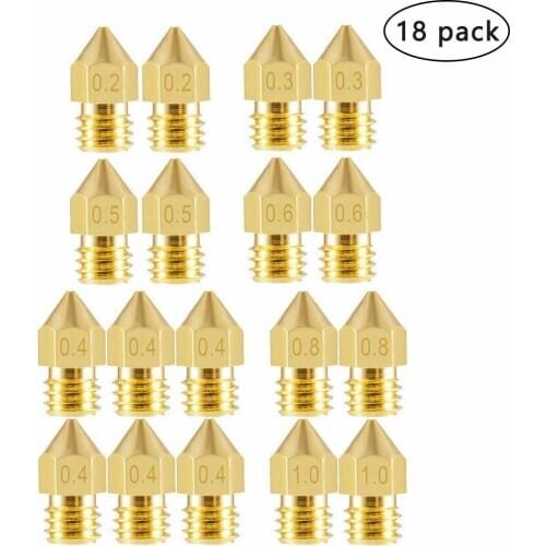 MK8 Nozzle for 3D Printer,18Pcs M6 Brass Extruder Head Hotend Nozzles 0.2/0.3/0.4/0.5/0.6/0.8/1.0 mm fit for 1.75mm Filament