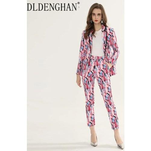 DLDENGHAN Fashion Abstract Geometry Print Set Womens Long Sleeve Outwear Tops + High Waist Trousers Two-Piece Sets Spring New