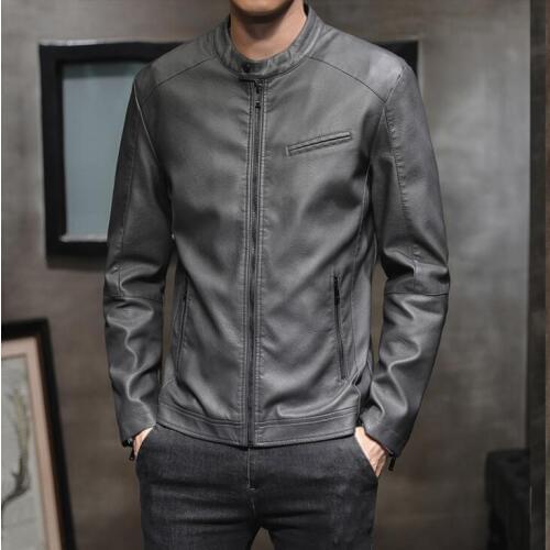Autumn mens leather jacket grey slim motorcycle coat men jackets clothes spring jaqueta de couro street fashion stand collar