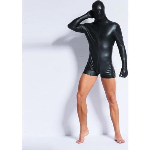 Men PU Leather Catsuit Zipper Erotic Wear Costumes Sexy Lingerie Faux Leather Night Club Bodysuit Gay Fetish Hooded Jumpsuit