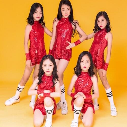 ChildrenS Day Red Sequins Outfits Jazz Cheerleaders Dance Costumes Street Dance Wear Hip Hop Dance Clothes Stage Wear DQS7004