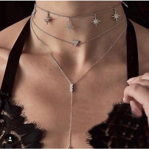 2021 New Luxury NorthStar Star Charm Statement Necklace For Women Christmas Gift Micro Pave Clear CZ Charm Layer Choker Jewelry