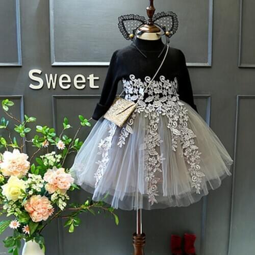 Girls autumn dresses 2-7 years old knitted stitching mesh princess dress lace dress girls childrens dress knitted mesh dress