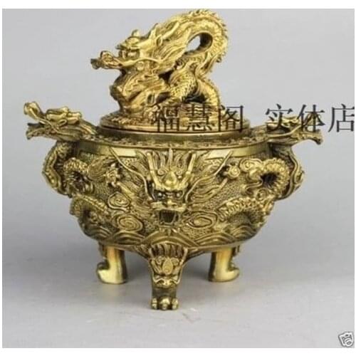 Excellent Chinese Brass Dragon Statue Incense Burner / Censer