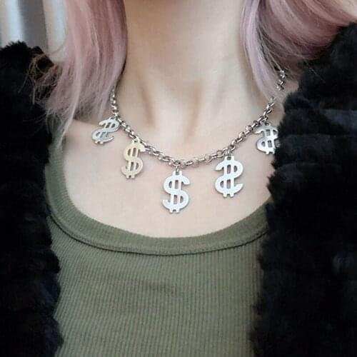 Punk Hiphop Harajuku Thick Chain Dollar Symbol Pendant Necklace Women Vintage Titanium Steel Geometric Necklace Jewelry YN1592