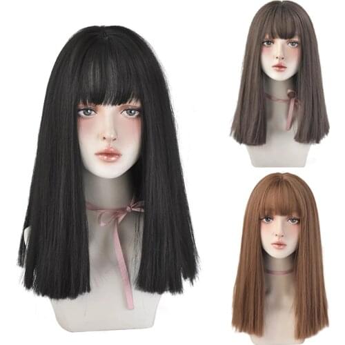 Shoulder Length Straight Hair Black Synthetic Wig With Bangs For Women Fashion Heat Resistant Mid-Length Synthetic Wig