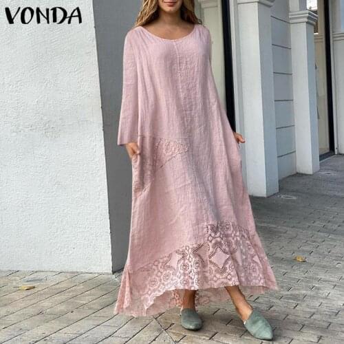 Long Sleeve Dress VONDA 2021 Women Lace Patchwork Holiday Maxi Long Dress Casual Loose Plain Party Vestido Robe Femme Oversized