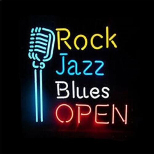 ROCK Jazz Blue OPEN Microphone Custom Handmade Real Glass Tube Store Beer Bar KTV Motel Gift Decoration Display Neon Sign 24X24"