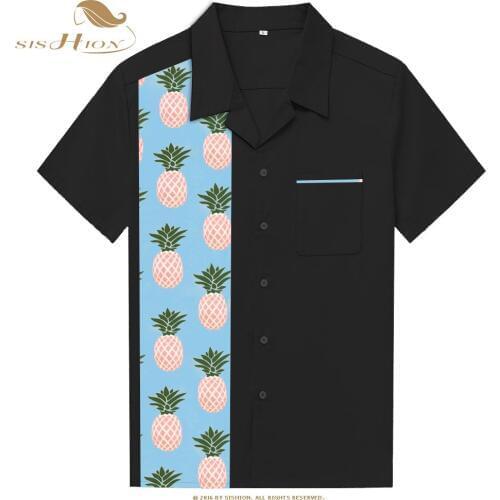 SISHION Mens Retro Bowling Shirts ST110 Pineapple Print Black Short Sleeve High Quality Vintage Summer Cotton Men Shirt