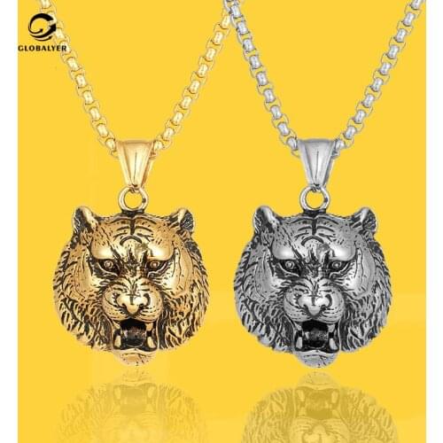 Net red new European and American popular Street hipster Men punk style Hip hop tiger head Titanium steel necklace 437