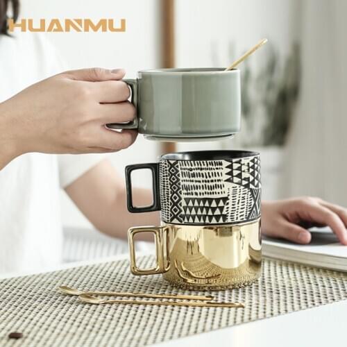Nordic Gold-Plated Coffee Cup Creative Ceramic Wide Mouth Mug Retro Embossed Couple Water Cup With Spoon 320ML Christmas Gift