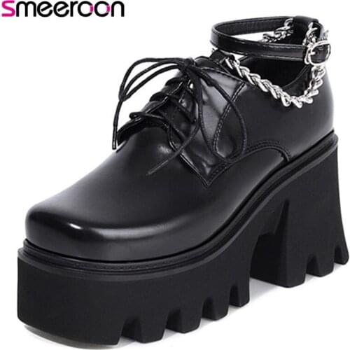 Smeeroon 2021 New Fashion Punk Shoes Women Pumps Chain Lace Up Popular Cool Casual Shoes Square Heel Platform Shoes Ladies
