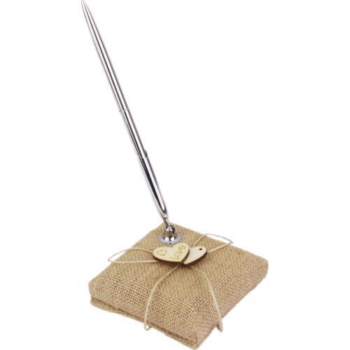 Vintage Burlap Pen Stand and Pen Set for Wedding Bridal Reception Wood Hearts Decor Party Event Favor Guests Kid Gifts
