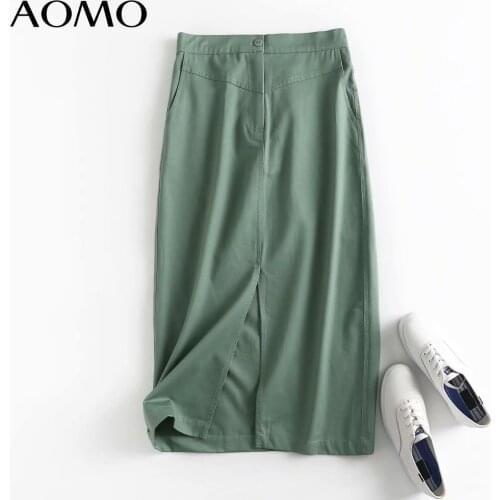 AOMO Women Green Cotton Midi Skirt Faldas Mujer Vintage Zipper Office Ladies Elegant Chic Mid Calf Skirts 4C99A