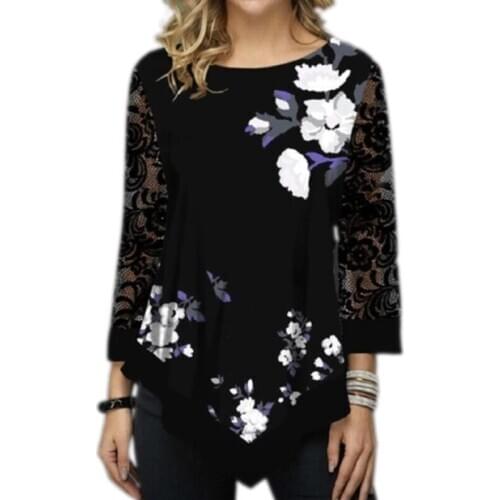 Women Lace 3/4 Sleeve Shirts Butterfly Print High Street Blouse Fashion O-Neck Loose Tops Lady Casual Summer Shirt Plus Size 5XL