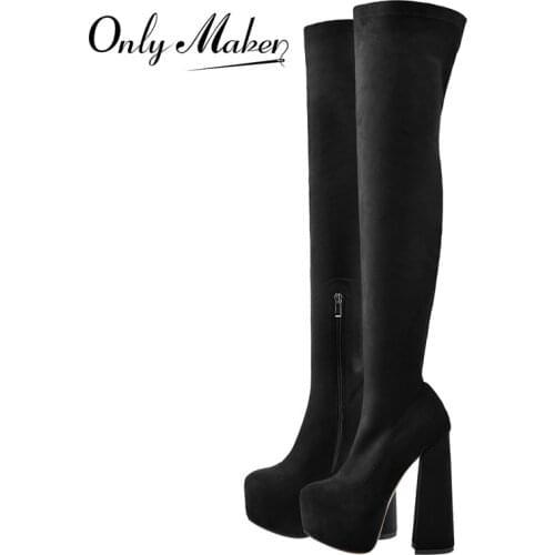 Onlymaker Winter Over The Knee Women Boots Stretch Fabrics Platform Chunky High Heel Slip on Shoes Pointed Toe Long Boots Zipper