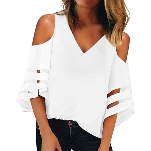 Womens Tops And Blouses Womens Loose Solid Organza Stitching Chiffon Halterneck Off Shoulder Top Blusas Mujer De Moda 2021