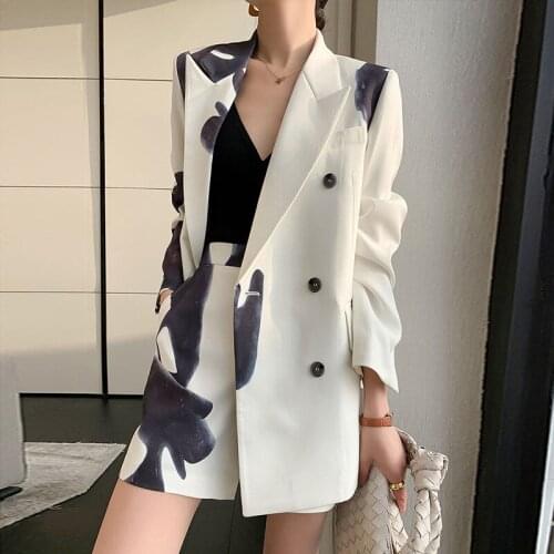 2021 Autumn New Style Pants Suit Ink Printing and Dyeing Double-breasted Jacket + High Waist Short Suit Trousers Women