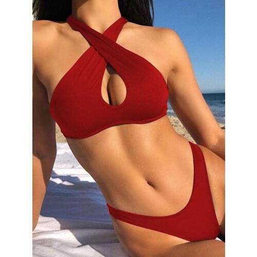 Women Halter Neck Bikini Swimwear Hollow Out Bikini Set Lace Up Sexy Bathing Suit Beachwear Summer 2021