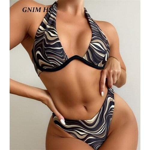 GNIM Sexy Vintage Stripe Bikini Swimwear Women 2021 Summer Beachwear Womens Swimming Suit 2 Pieces Brazilian Swimsuit Biquini